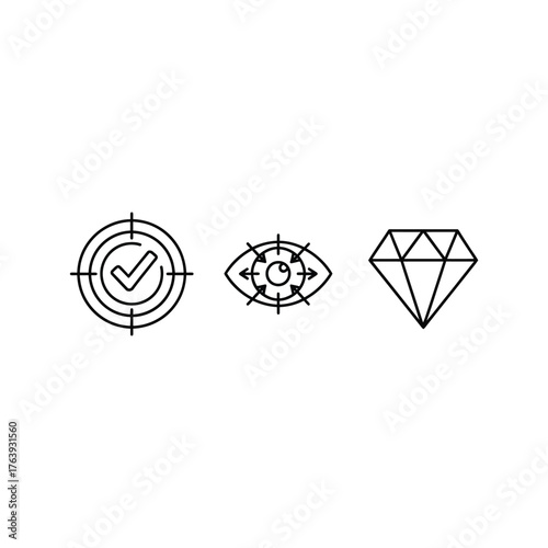 Target, Vision, and Diamond Icons in Black Outline checkmark eye gem focus goal success achievement accuracy precision clarity value
