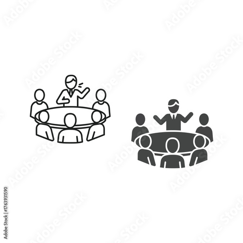 Meeting Icon Set business team conference discussion roundtable people vector communication collaboration group leader presentation