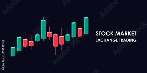 Stock market trading banner. Sall and buy assets. 3D candlestick chart with rise price on stock market. Vector illustration