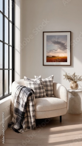 Cozy Corner With a View of Sunset Over Fields in a Modern Living Space