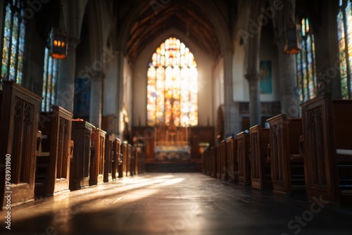 Warm Sunlight Streams Through Stained Glass Windows in a Quiet Church Setting
