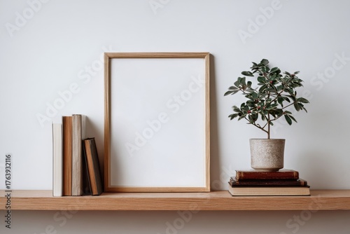 Modern Home Shelf Display With Plants and Picture Frame in Minimalist Style