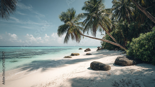 Fototapeta Naklejka Na Ścianę i Meble -  Tropical island with a paradise beach with yellow sand and coconut palm trees. Turquoise ocean near sandy coast on sunny summer day. Summer holidays and tropical beach concept, Relax on an empty sea.