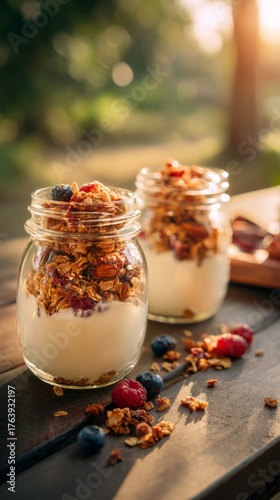 Delicious Granola Parfaits With Yogurt and Berries in Glass Jars on Wooden Table