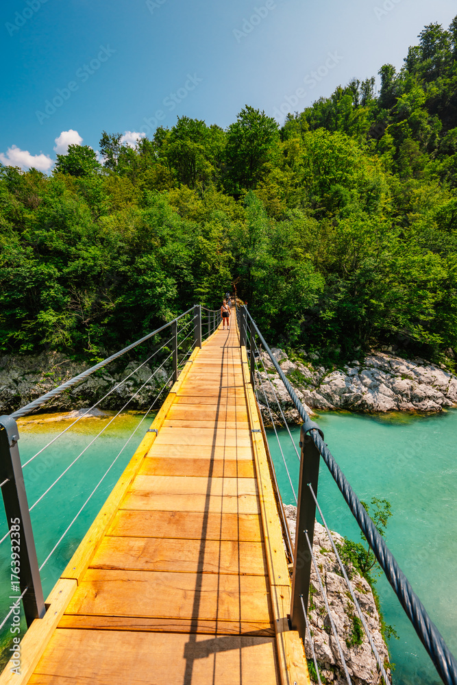 Obraz premium Wonderful Soca river and gorge in the green forest, kobarid, Slovenia. Kayaking destination in Slovenia in Triglav National park