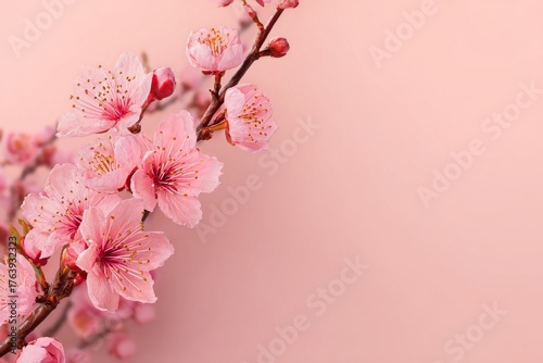 Cherry Blossom Branch With Pink Flowers Against Soft Pastel Background