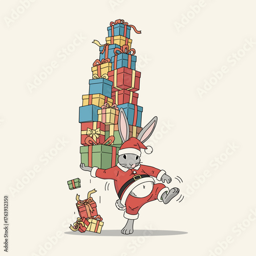Cheerful Santa Rabbit Struggling to Carry Massive Stack of Christmas Gifts