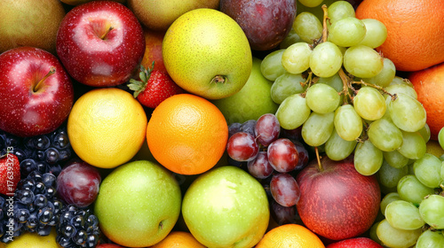 Fresh fruit assortment with red apple green apple orange grapes lemon pear strawberry and plum showcasing vibrant colors and natural textures in healthy mix