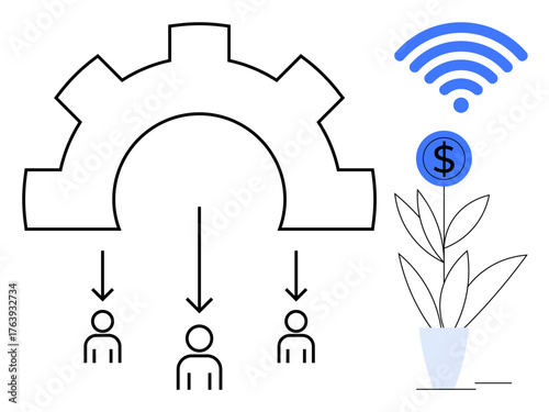 Gear distributing resources to three people, plant growing with dollar sign, and wireless signal. Ideal for resource management, teamwork, growth, connectivity, automation, investment innovation