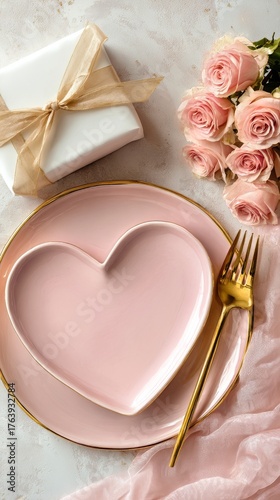 Elegant Heart-Shaped Plate With Gold Cutlery and a Gift Beside Roses