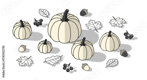 Autumn pumpkin arrangement with acorns and leaves in isometric style