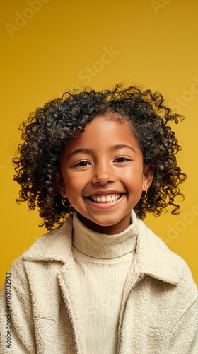 Smiling Young Girl With Curly Hair Wearing Cozy Sweater Against Yellow Backgr...
