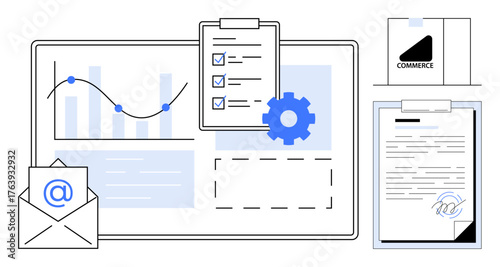 Charts, checklist, gear, email, signature pad represent data, task management, digital communication. Ideal for workflow planning e-commerce organization analytics productivity strategy. Simple