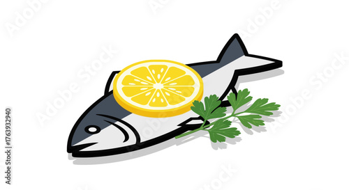 Flat fish with lemon and parsley on white background