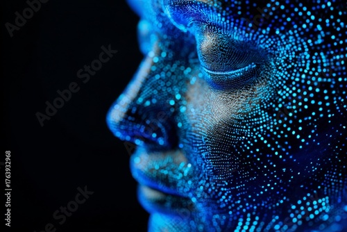 Digital Face Created With Vibrant Blue Dots Showcasing Modern Technology in Art