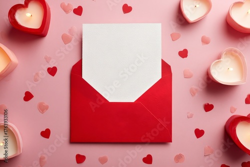 Romantic Envelope With Blank Card Surrounded by Heart-Shaped Candles and Conf...