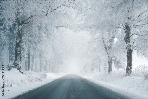Winter Road Surrounded by Trees Covered in Snow on a Foggy Day in a Quiet Rur...