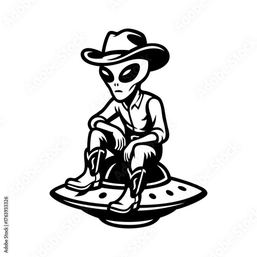 Cowboy Alien on UFO Vector | Funny Extraterrestrial Illustration | Western Space Concept | Sci-Fi Alien Character Design | Unique Cartoon Art