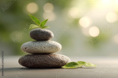 Balanced Stones With Green Leaves in a Serene Natural Setting at Sunset