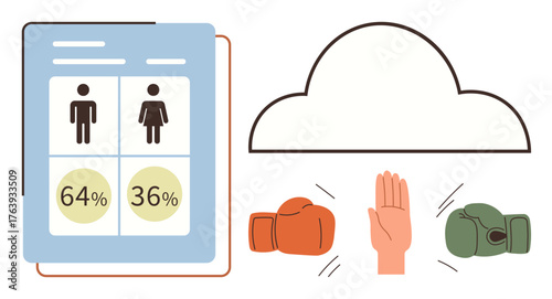 Gender statistics board with male and female data, boxing gloves and hand for conflict resolution, cloud for data or ideas. Ideal for equality, analysis, conflict, teamwork, decision-making