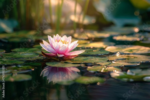White Water Lily Blooms Peacefully on a Tranquil Pond Surface With Reflection...