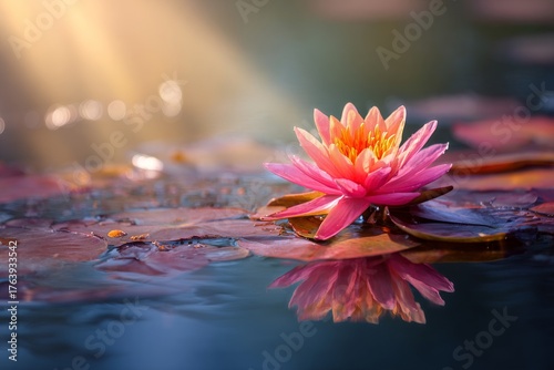 Bright Pink Water Lily Blooming on Still Water Surface in Nature at Sunrise