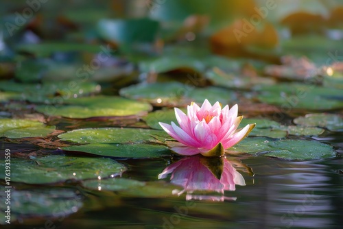 Bright Pink Water Lily Blooming on Still Water Surface in Nature at Sunrise