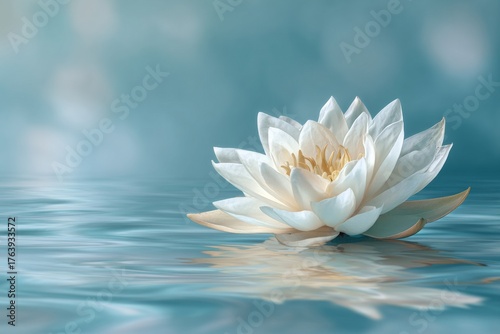 White Lotus Flower Floating on Tranquil Blue Water Creates a Serene Atmospher...
