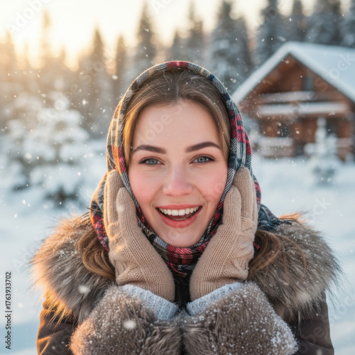 Winter portrait of a young beautiful woman. AI-generated