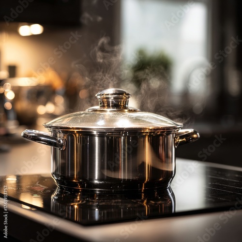 Steam Rising From a Metal Pot on a Modern Kitchen Stove During Meal Preparation