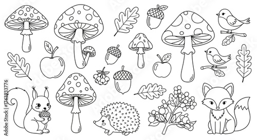 Whimsical forest creatures and elements in black and white outline style