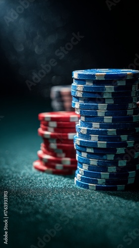 Stacks of Colorful Poker Chips on a Green Felt Surface, Ready for a Game Duri...
