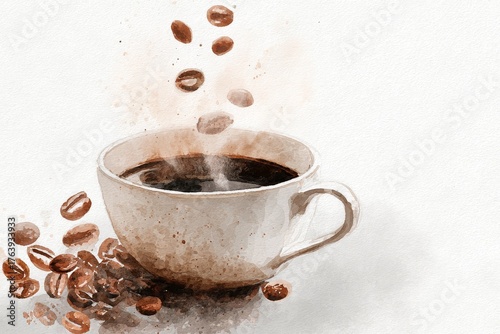 Warm Cup of Coffee With Steam Rising and Coffee Beans Scattered on a Light Ba...