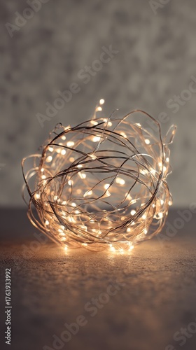 Decorative String Lights Arranged in a Ball Shape on a Wooden Surface in a So...