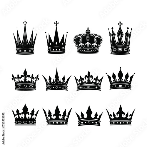 Set of Black Crown Silhouettes on White Background royal king queen monarchy symbol luxury vintage heraldic medieval decoration design