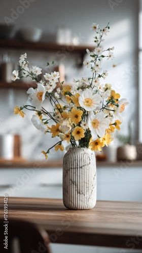 Fresh Daffodils Arranged in a Modern Vase on a Kitchen Counter During Dayligh...