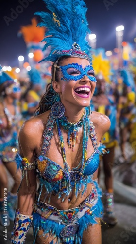 Bright Celebration at Night Festival With Joyful Dancer in Colorful Costume a...