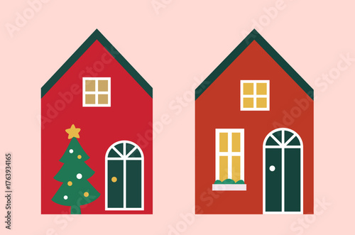 Set of Christmas house flat vector illustration.
Red and green Winter holiday houses clipart.