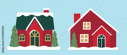 Set of Christmas house flat vector illustration.
Red and green Winter holiday houses clipart.