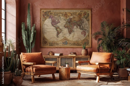 Cozy Living Room With Vintage World Map and Indoor Plants in Natural Light