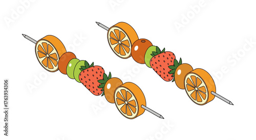 Colorful fruit skewers featuring orange slices and strawberries in modern isometric design