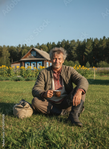 A Russian villager - a middle-aged man in village clothes. generated by AI