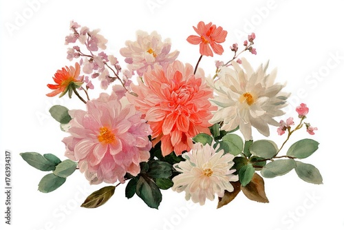 Colorful Bouquet of Flowers in Soft Pink and Pale Yellow Shades on a White Ba...