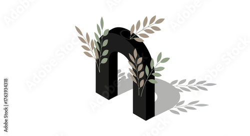 3d minimalist letter n with leafy botanicals and shadows