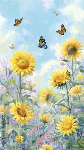 Colorful Sunflowers and Butterflies Under a Beautiful Sky at Sunset