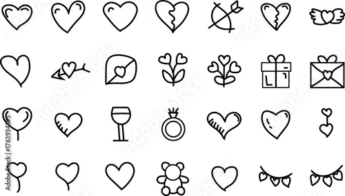Set of Love and Romance Hand Drawn Icons Collection Valentine Symbols