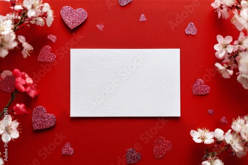 Romantic Card Surrounded by Flowers and Heart Decorations on a Red Background...