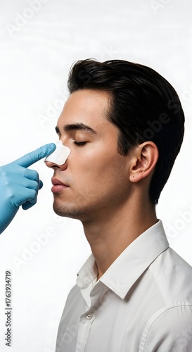 A photorealistic medical portrait of a young man after rhinoplasty surgery, featuring a gentle examination by a gloved medical hand. The clean white background and soft lighting convey calmness and cl
