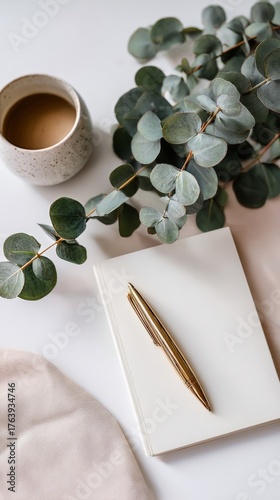 Warm Cup of Coffee Beside a Notebook With a Gold Pen and Eucalyptus Leaves on...