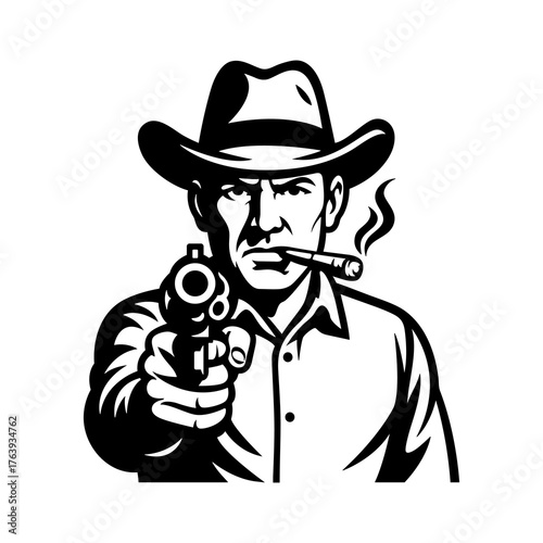 Cowboy Aiming Gun Vector Illustration | Western Outlaw with Cigar Silhouette